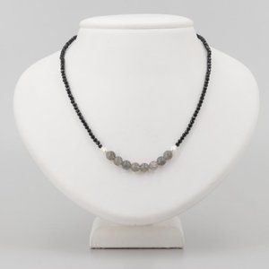 Labradorite, Black Spinel, and Cultured Pearl Bead Necklace with Sterling Silver